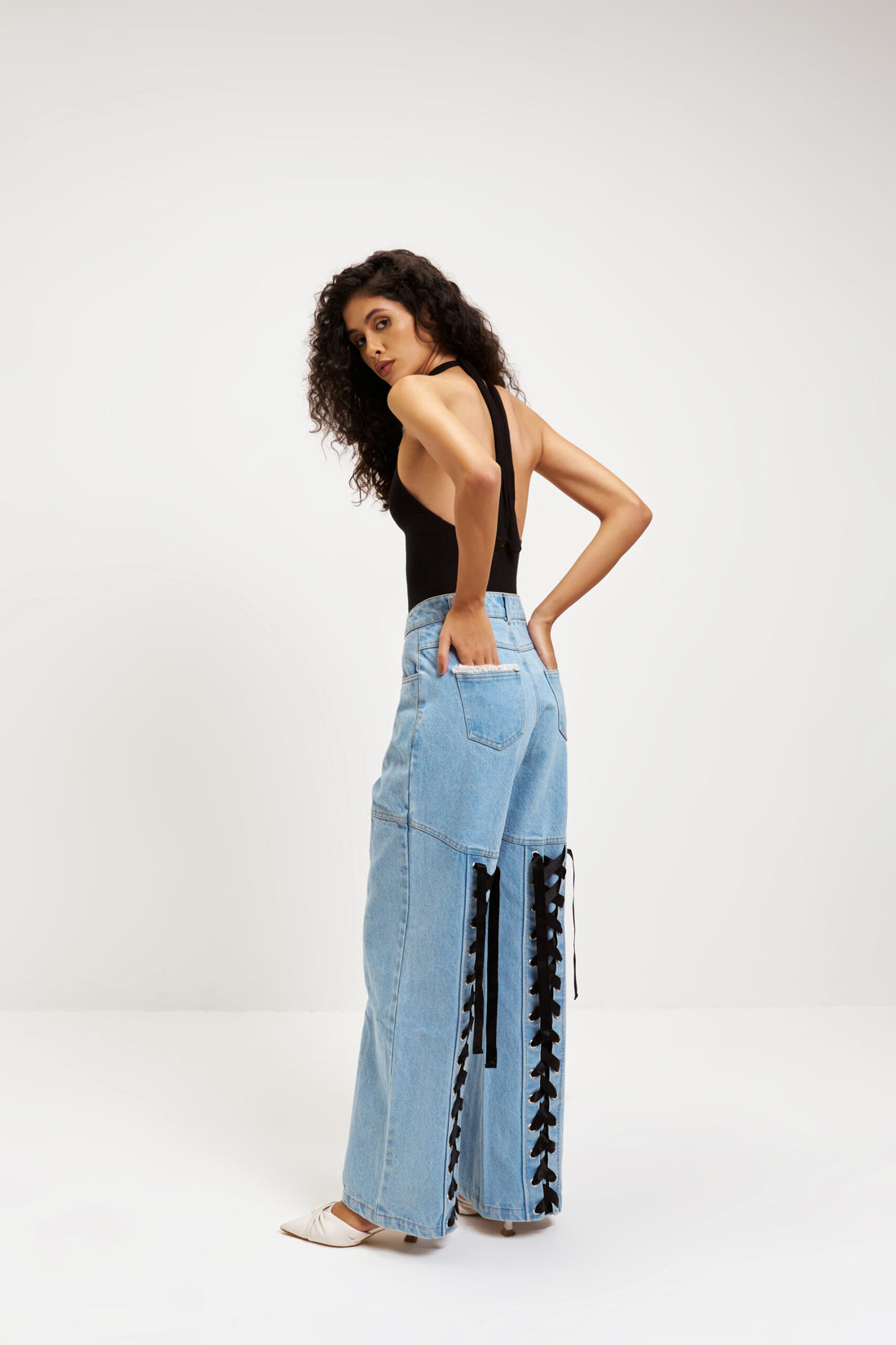 Statement High-Waist Jeans with Back Lace-Up Detailing