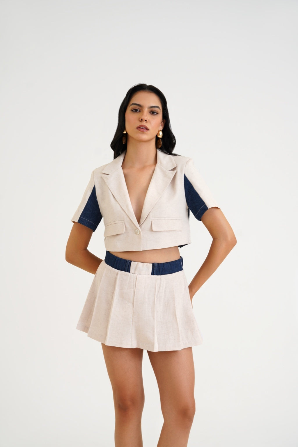 Linen blend crop blazer with skort